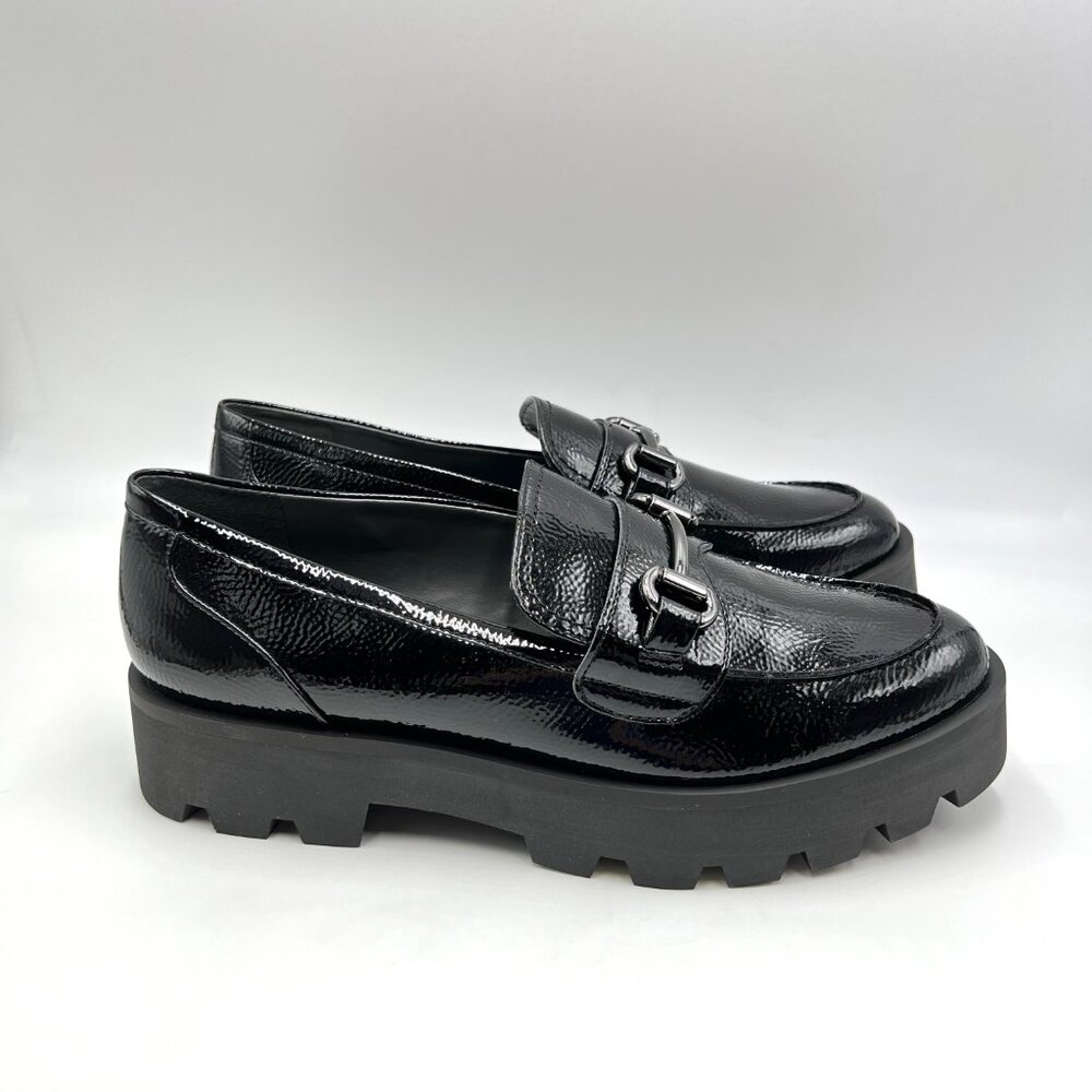 Franco Sarto Size 10 Bergamot Black Textured Patent Lug Sole Loafers Shoes